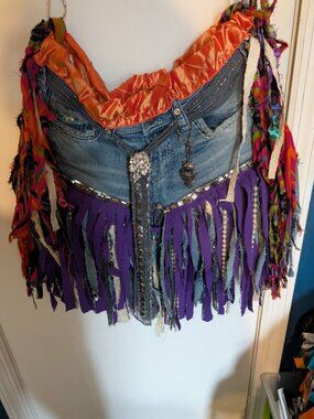 Handmade Blue Jean Fringe Rag Bag Crossbody